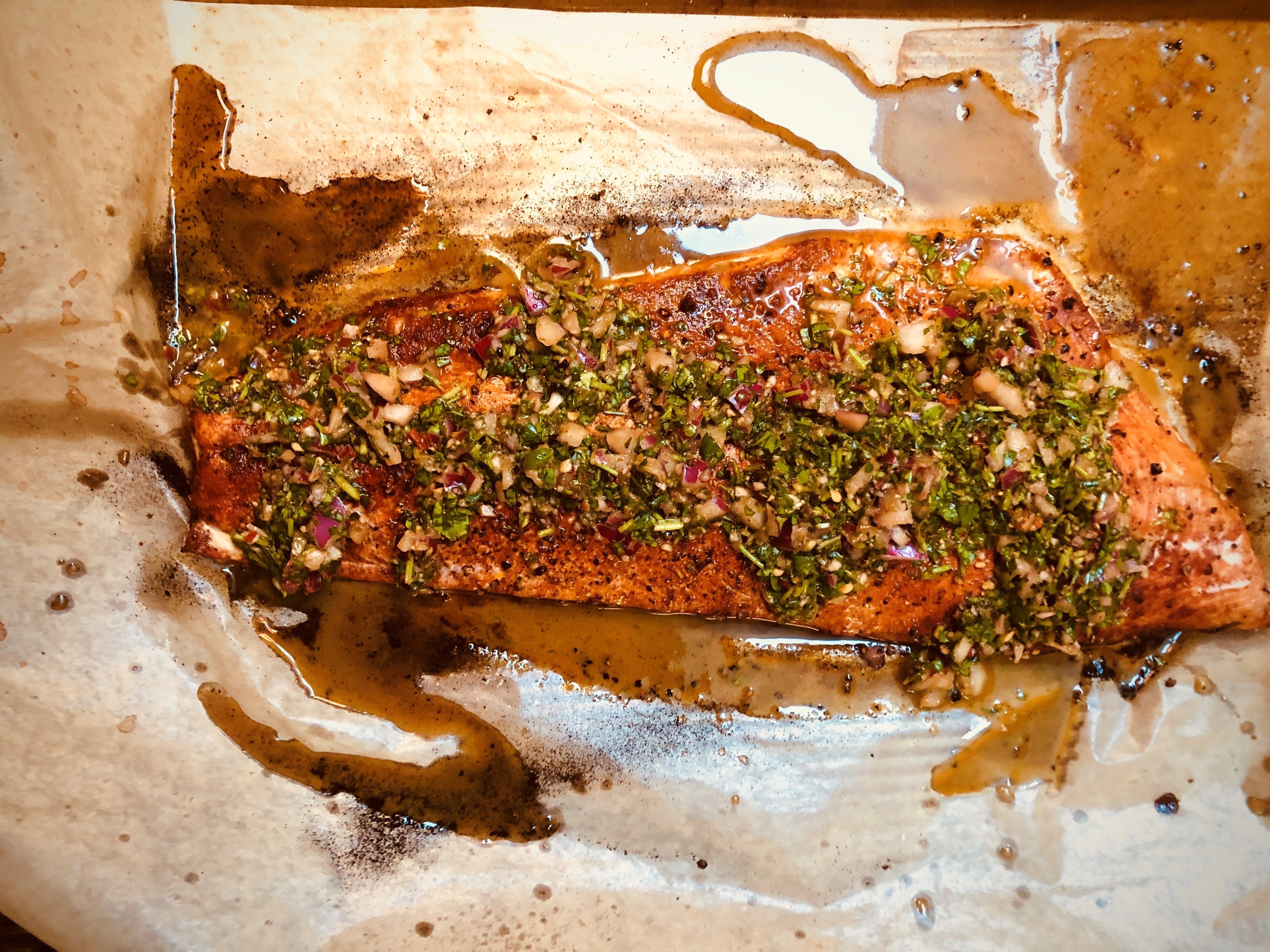 Eva's Wild Whole Roasted Salmon Filet with Smokey Chimichurri