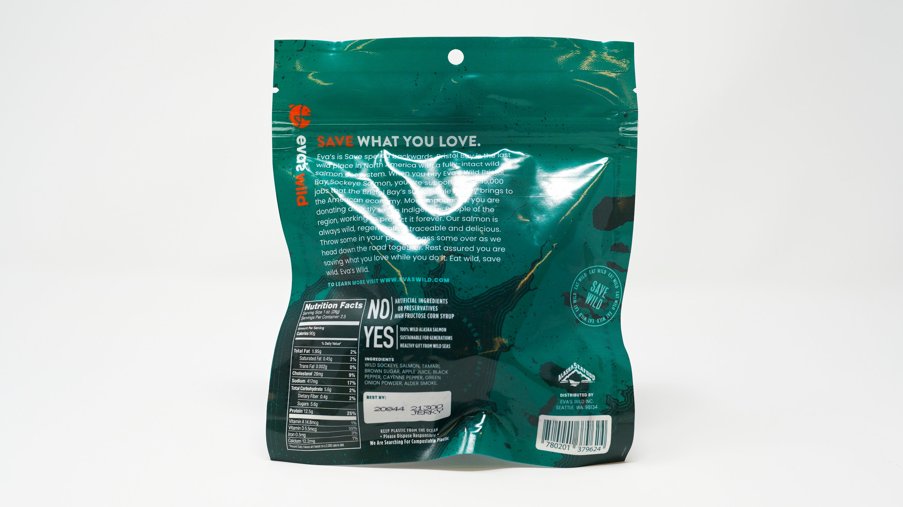Back of bag of Eva's Wild salmon jerky