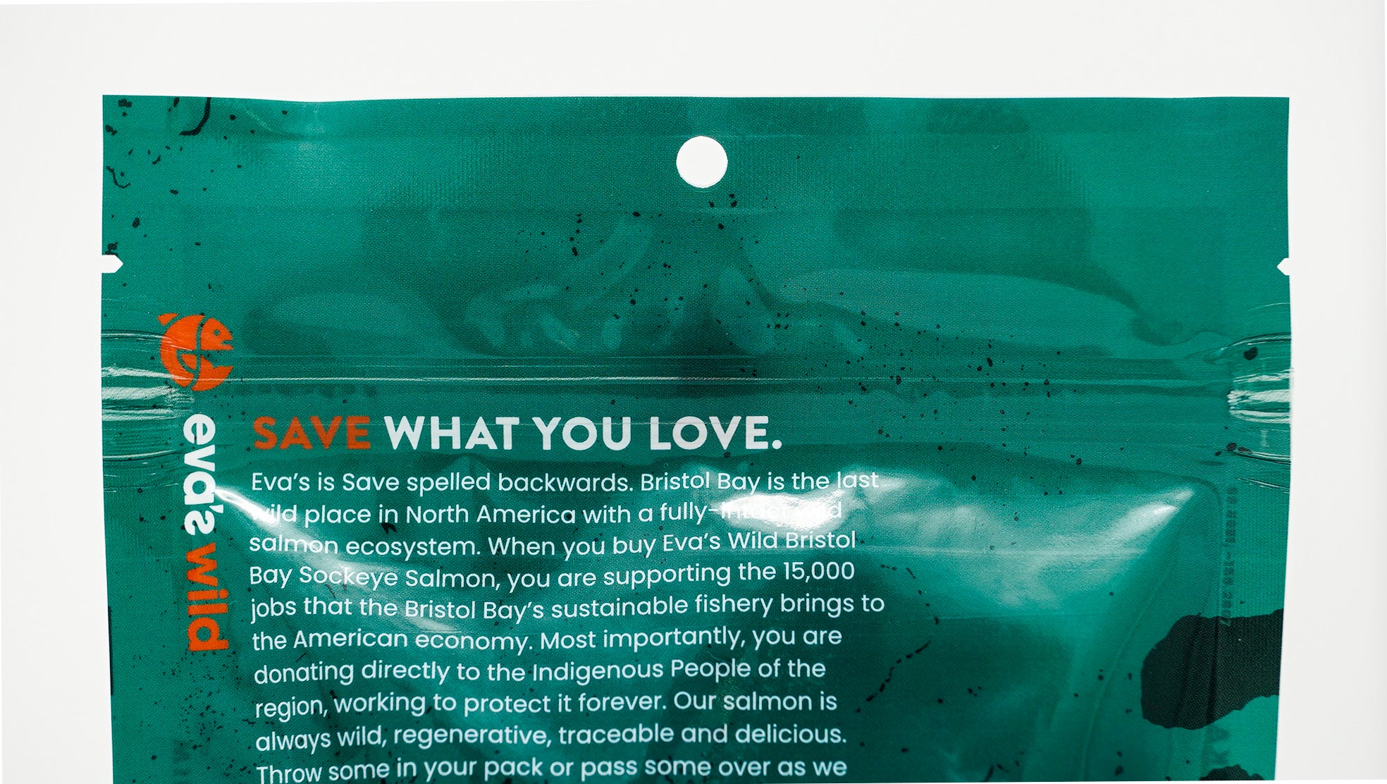 Back of bag text of Eva's Wild salmon jerky bag