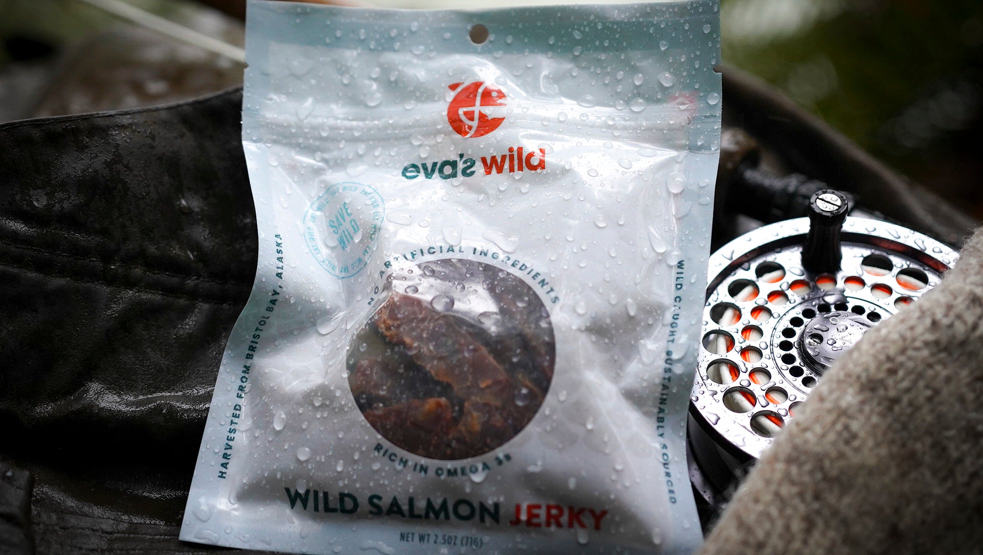 extra close up image of bag of Eva's Wild salmon jerky