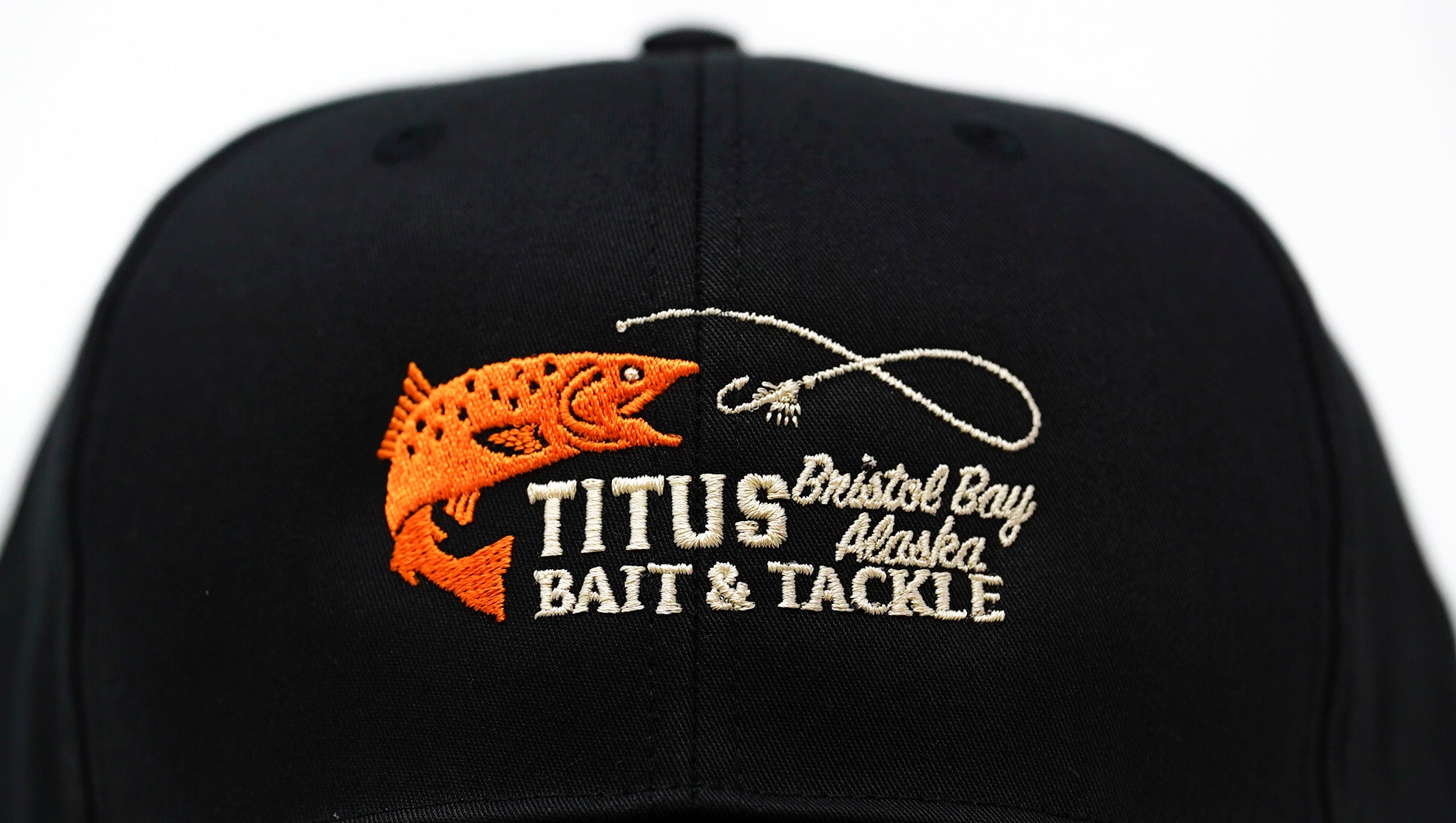 close up front view of twill Titus bait and tackle hat